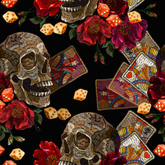 Embroidery human skull, playing cards and red roses flowers. Medieval fairy tale. Seamless pattern. Fashion clothes template and t-shirt design. Dark gothic halloween art