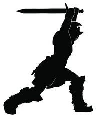 A black silhouette of a gladiator in a helmet, with a sword in his hands, makes a deadly swing. 2d illustration - obrazy, fototapety, plakaty