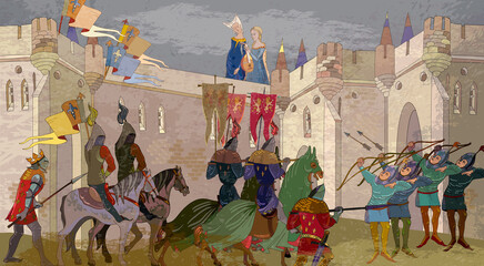 Fototapeta premium Middle Ages, parchment concept. Historical miniature art. Medieval war scene. Crusaders in an armor. Soldiers of the kingdom. Ancient book vector illustration. Knightly tournament