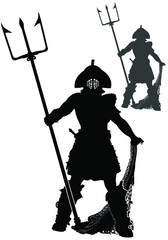 A black silhouette of a gladiator in a helmet with a huge trident and a net in his hands, stands proudly ready for battle. 2d illustration