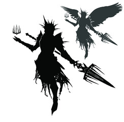A black silhouette of a death knight hovering in the air with a strange spear, a spiked crown on it, a diadem with pikes hovering in his hand, ragged rags and armor on it . 2d illustration