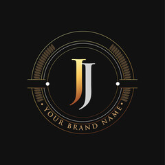 initial letter logo JJ gold and white color, with stamp and circle object, Vector logo design template elements for your business or company identity.