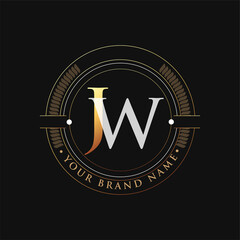 initial letter logo JW gold and white color, with stamp and circle object, Vector logo design template elements for your business or company identity.