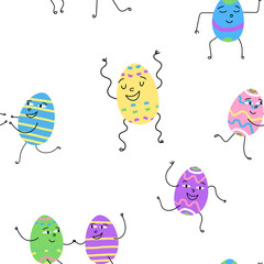 Easter characters party seamless pattern. Decorated eggs dancing in various poses on their own and in a couple.