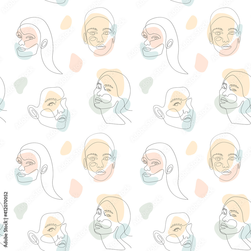 Poster continuous one line art woman face with abstract color shapes background. modern seamless pattern. h