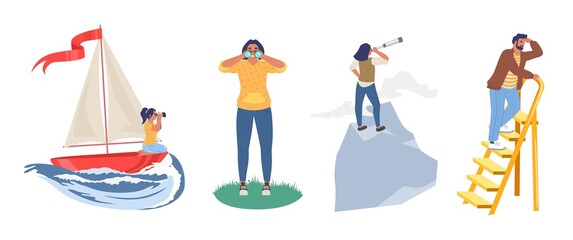 People looking to the future through telescope, binoculars while floating on boat, standing on mountain top, ladder, flat vector illustration. Future vision, business career, leadership.