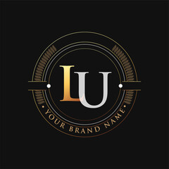 initial letter logo LU gold and white color, with stamp and circle object, Vector logo design template elements for your business or company identity.