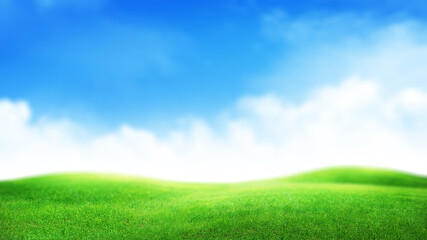 Green grass field and sunny sky with clouds over horizon