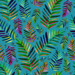 Watercolor fern leaf seamless pattern on blue background