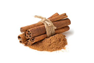tied rope cinnamon sticks isolated on white background