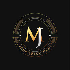 initial letter logo MJ gold and white color, with stamp and circle object, Vector logo design template elements for your business or company identity.