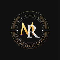 initial letter logo MR gold and white color, with stamp and circle object, Vector logo design template elements for your business or company identity.