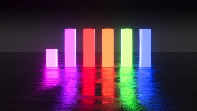 4K 6 segment, 1 minute animated countdown timer, using colourful, neon 3D cylinders instead of numbers