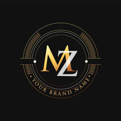 initial letter logo MZ gold and white color, with stamp and circle object, Vector logo design template elements for your business or company identity.