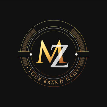initial letter logo MZ gold and white color, with stamp and circle object, Vector logo design template elements for your business or company identity.