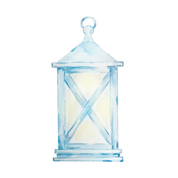 Watercolor blue lantern on a white background