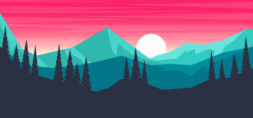 Cartoon mountain landscape in flat style. Design element for poster, card, banner, flyer. Vector illustration
