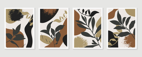 Botanical wall art background vector set.Earth tone natural colors foliage line art  boho plants drawing with abstract shape. Mid century modern design for prints, poster, cover and wallpaper. © TWINS DESIGN STUDIO
