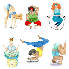 Watercolor set of cartoon women training, different fat women in yoga positions isolated on white