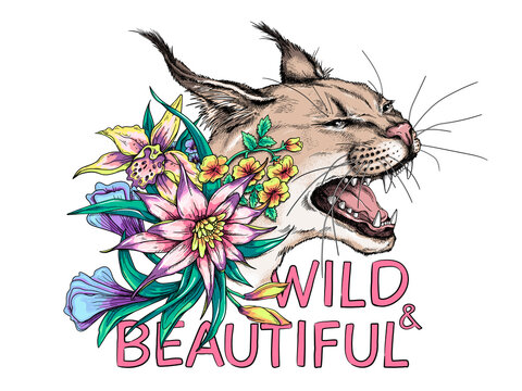 Cute  wild cat head with exotic flowers. Beautiful predator. Vector illustration in hand-drawn style. Wild and beautiful illustration. Stylish image for printing on any surface 