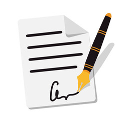 A fountain pen signs the document. A paper sheet with a signature. . Sign the document. Gold fountain pen isolated on white background. Vector illustration.