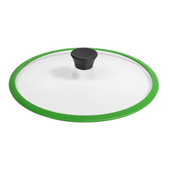 Transparent round glass lid with thin black rubber rim for frying pan. Side view isolated on white