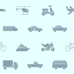 Transportation - Vector background (seamless pattern) of silhouettes train, car, ship, bicycle, bus, airplane and etc. for graphic design