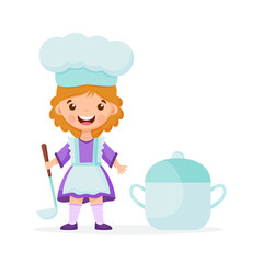 Girl Chef Character with Ladle, Kid Dreaming of Future Profession Illustration