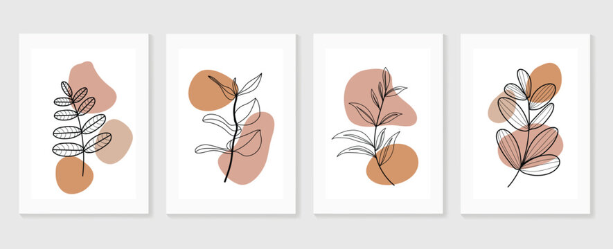 Botanical wall art background vector set.Earth tone natural colors foliage line art  boho plants drawing with abstract shape. Mid century modern design for prints, poster, cover and wallpaper.