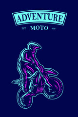 Motocross bike rider Line. Pop Art logo. Colorful design with dark background. Abstract vector illustration.