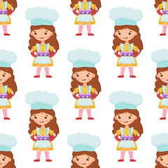 Seamless pattern cute little girl holds a cupcakes on the tray. 