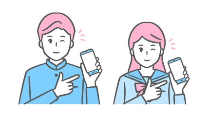 スマホを指差してウインクする中高生男女のイラスト　学ランとセーラー服