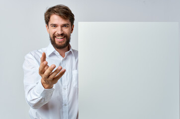 Cheerful business man in shirt white mockup advertisement