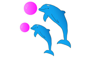 Two dolphins jumping to play a pink ball