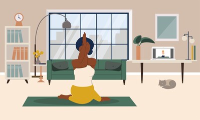 Fototapeta na wymiar Stay home concept. Girl practicing yoga in living room with online classes. Online yoga clases, healthy lifestyle, live stream, internet education. Vector illustration in flat style.