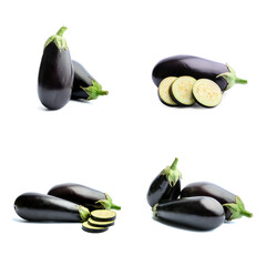 Set of fresh eggplants with slices on white background