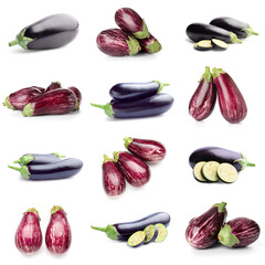 Set of fresh eggplants on white background