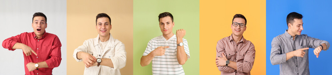 Collage of young man with wristwatches on color background