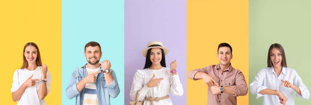 Collage of young people with wristwatches on color background