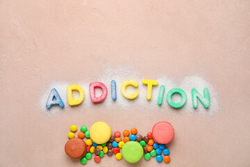 Different sweets on color background. Concept of addiction