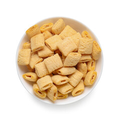 Tasty breakfast cereals in bowl on white background