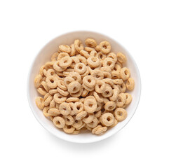 Tasty breakfast cereals in bowl on white background