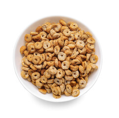 Tasty breakfast cereals in bowl on white background
