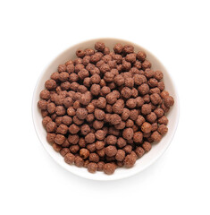 Tasty breakfast cereals in bowl on white background