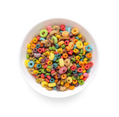 Tasty breakfast cereals in bowl on white background