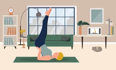 Stay home concept. Girl practicing yoga in living room with online classes. Online yoga clases, healthy lifestyle, live stream, internet education. Vector illustration in flat style.
