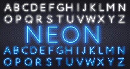 Neon tube alphabet font. Blue and white color type letters. Vector typography for headlines, posters, etc.
