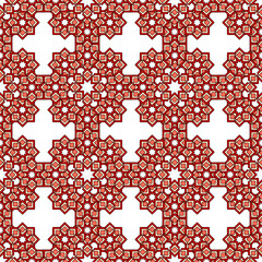 Seamless oriental geometric wallpaper, repeating pattern of stars in red tones, white background.