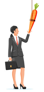 Carrot on a stick and businesswoman. Motivation, stimulus, incentive and reaching goal concept metaphor. Fishing wooden stick with hanging carrot