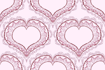 Seamless pattern of drawn vector hearts in boho style on a pale pink background. Hearts are arranged in even rows in a checkerboard pattern.